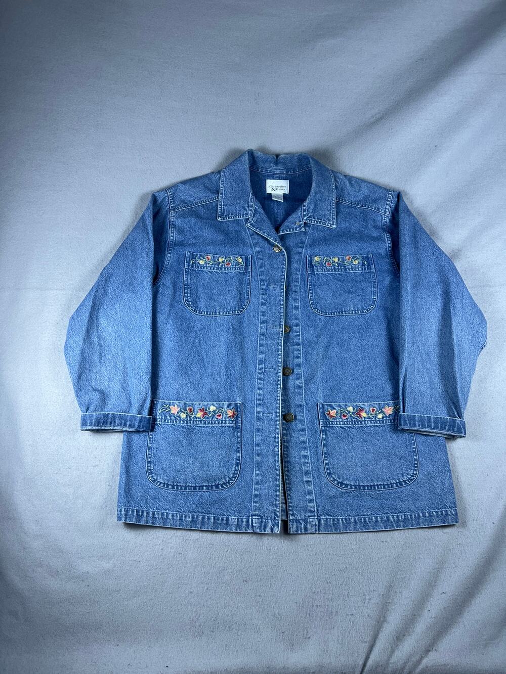 Vintage Christopher & Banks Chore Jacket Womens L Blue Floral Embroidered Denim